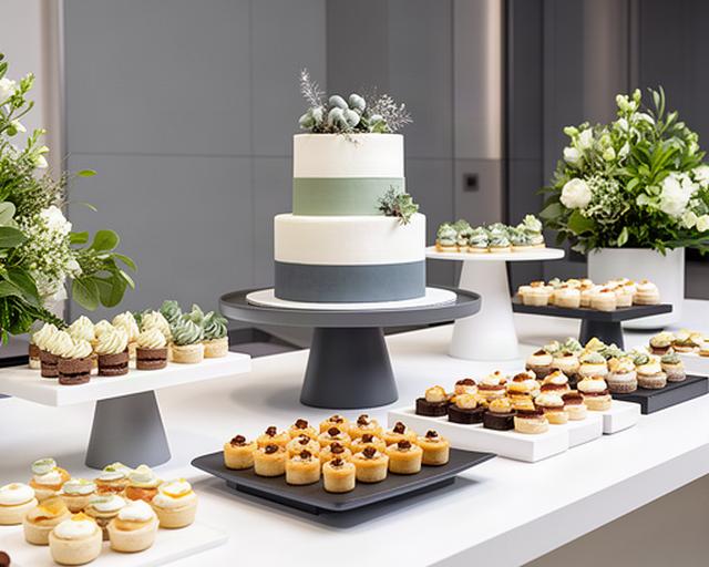 Strakke desserttafel voor een bedrijfsopening met moderne taart, mini-gebakjes en zakelijke kleurstyling