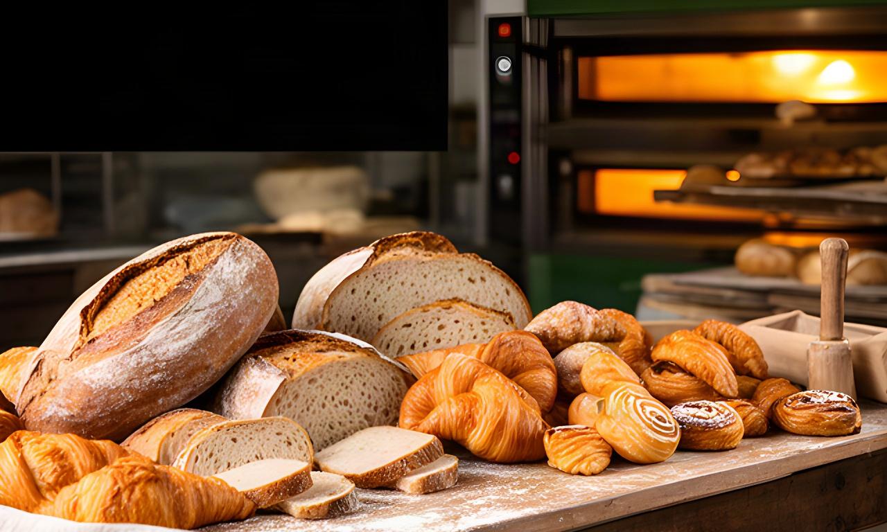 Vers zuurdesembrood, croissants en gebak op een houten werkbank in een warme bakkerij in Heerlen