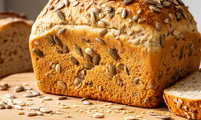 Meergranenbrood met zichtbare zonnebloempitten en een goudbruine korst op een bakkersplank