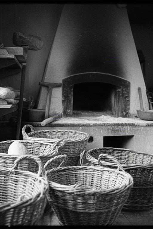Zwart-wit sfeerbeeld van de eerste familiebakkerij met broodmanden en traditionele oven in Heerlen